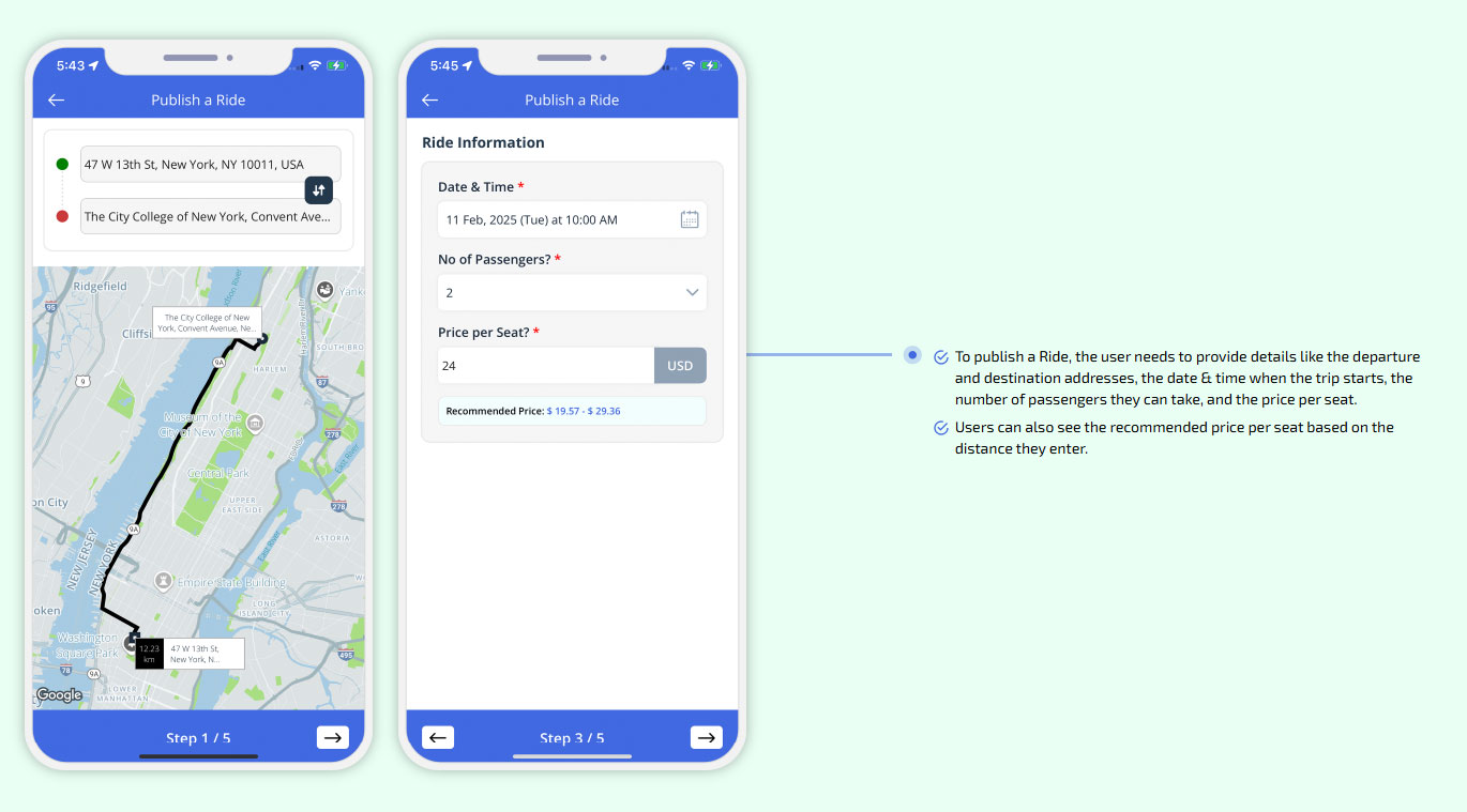 Users can also see the recommended price per seat based on the distance they enter.