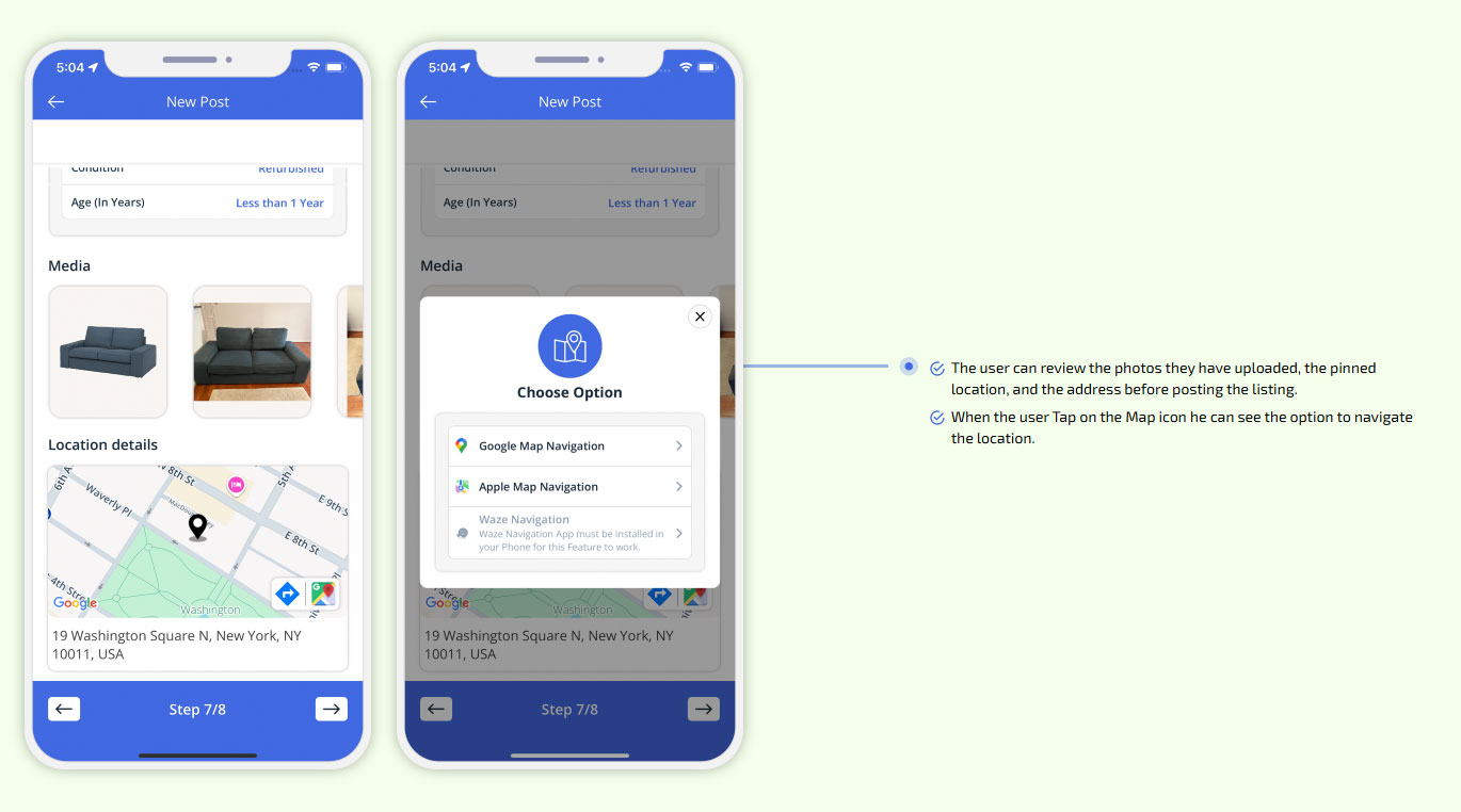 When the user Tap on the Map icon he can see the option to navigate the location.