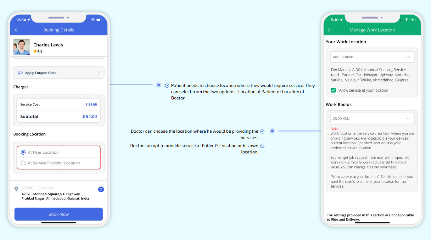 Doctor can choose the location where he would be providing the Services.