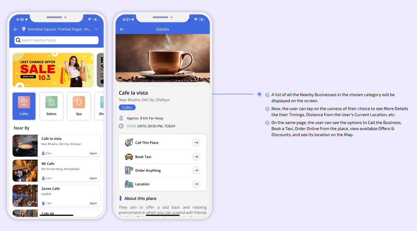 A list of all the Nearby Businesses in the chosen category will be displayed on the screen.