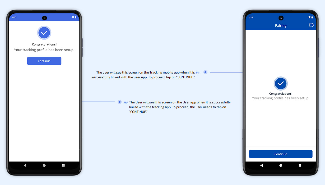 The user will see this screen on the Tracking mobile app when it is successfully linked with the user app.